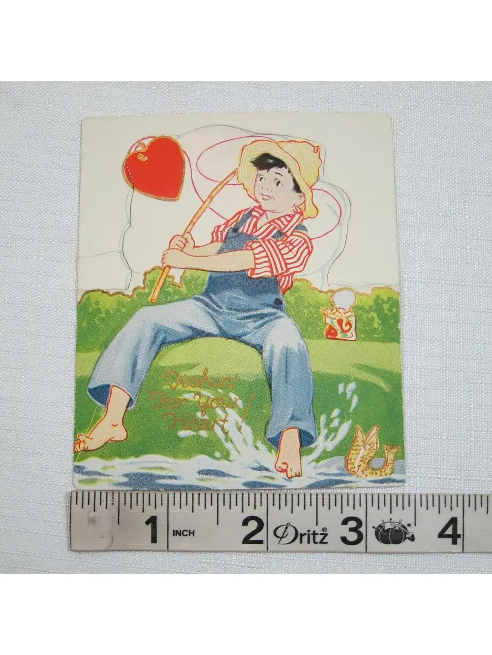 Vintage Valentine 1929 Stand Up Boy Fishing For Heart American Colortype Co USA